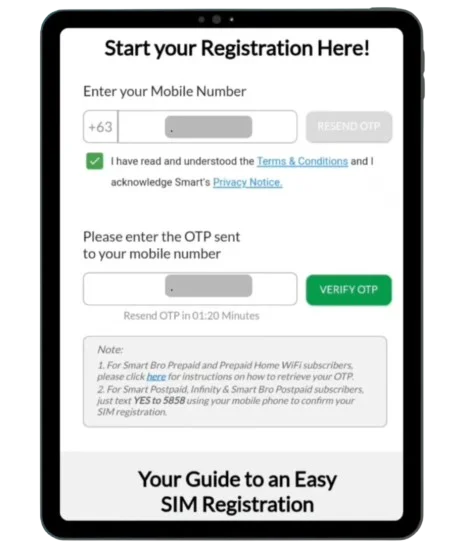 step 2 smart sim registration via online link Enter Your Mobile Number & Submit the OTP sent to your mobile number